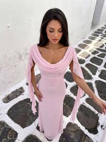 Firerie Women's Elegant Tropical Date Cocktail Casual Vacation Beach Afternoon Tea Light Pink Mesh Off-Shoulder Draped Ruffle Trim Tie-Waist A-Line Dress Summer,Graduation Dress,Wedding Guests - Pink - View 7