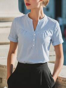 SHEIN Holidaya 女款休閒簡約日常通勤條紋襯衫，夏季風格 - 藍色 - 查看 1