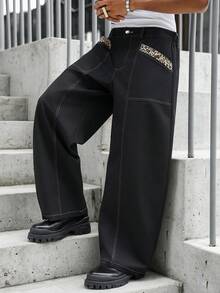 SLATEMANN 男士高級彎腿褲，豹紋拼接設計，寬鬆時尚復古居家通勤老錢風直筒寬版休閒黑色長褲 - 黑色 - 查看 3