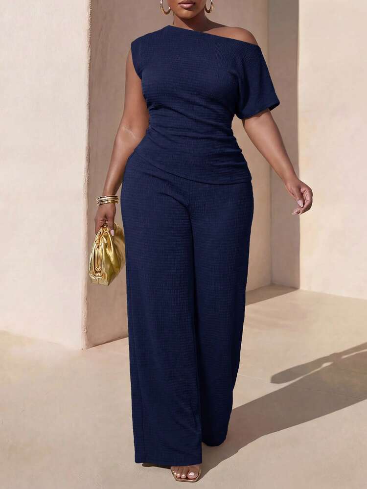 Zivah Spring/Summer Women's Plus Size New Casual Daily Streetwear Basic Versatile Vacation Cruise Beach Seaside Holiday Viral Commuter Style Brunch Party Festival Outing Asymmetrical Shoulder Cinched Waist Asymmetrical Hem Fitted Wide Leg Pants 2-Piece Set - Navy Blue - View 1