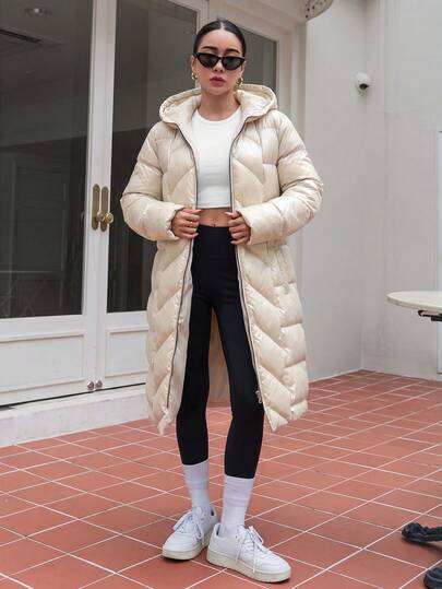 Women Solid Color Zipper And Pocket Detailed Long Winter Coats