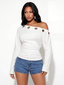 Normani Women's Sexy Street Style Asymmetric Neck Ruched Top - Black - View 6