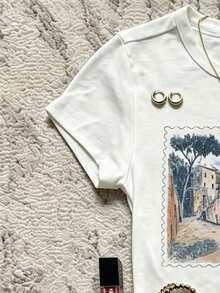 IslaSuriya Women's Letter & Landscape Print Round Neck Short Sleeve Top And Striped Shorts 2-Piece Set - Multicolor - View 3