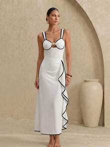 Swim Oasis Black And White Contrast Spaghetti Strap Dress, Star-Decorated Cup, Side Slit Ruffle Design, High Waist Slimming, Tropical Vacation Summer - Black and White - View 1