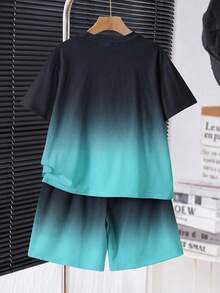 SHEIN 青少年男童休闲舒适简约圆领短袖T恤和短裤套装 - 彩色 - 查看 2
