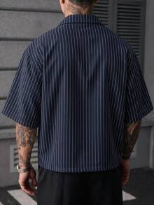 SLATEMANN 男士百搭條紋領鈕扣短袖襯衫 商務風 - 藏蓝色 - 查看 2