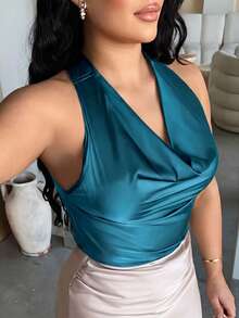Dayanna Comas Women's Apricot Halter Neckline Tie Detail Minimalist Elegant Blouse Summer - Teal Blue - View 4