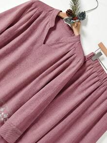 Rusticease Plus Size Minimalist Embroidered Textured Dress And Loose Casual Pants 2 Pieces Set Formal Vacation White Autumn Fall Clothes - Dusty Pink - View 4