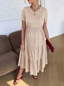 SHEIN 孕婦夏季休閒純色短袖洋裝 - 卡其色 - 查看 6