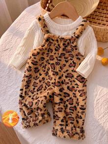SHEIN Baby Girl Cartoon Animal Leopard Print Thermal Lined Thick One-Piece Long Pants Suitable For Winter - Multicolor - View 6