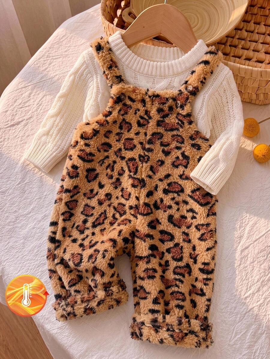 SHEIN بنطلون طويل قطعة واحدة سميك مبطن حراري بطبعة نمر كرتونية للفتيات الرضع مناسب للشتاء - متعدد الألوان - مشاهدة 1