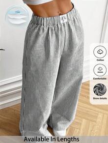 SHEIN PETITE CURVE 大码女式条纹印花贴花梭织弹力腰休闲裤，商务休闲风格，四季皆宜，情人节礼物 - 黑與白 - 查看 1
