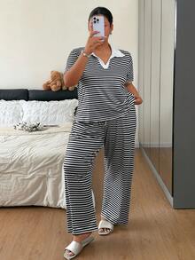 Napfluff CURVE Napfluff CURVE Black And White Striped Contrast Color Lapel V-Neck Short Sleeve Loose Fit Versatile Cute Plus Size Pajama Set Summer - Multicolor - View 1
