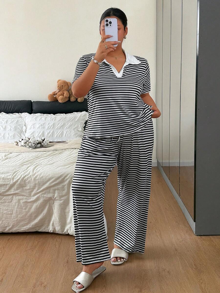 Napfluff CURVE Napfluff CURVE Black And White Striped Contrast Color Lapel V-Neck Short Sleeve Loose Fit Versatile Cute Plus Size Pajama Set Summer - Multicolor - View 1