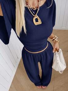 SHEIN EZwear Navy Blue Knitted Women's Crew Neck T-Shirt And Pants Casual Loungewear Set - Navy Blue - View 7