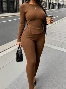 Rovax Casual Comfortable Fitted Long Sleeve Top & Leggings 2 Pieces Set - Brown - View 5