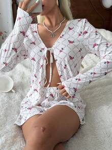 CottageSlumber Conjunto de Pijama Feminino com Cardigan de Tricô Xadrez Floral Miúdo com Amarração na Frente, Manga Longa e Shorts - Multicolorido - Visão 7