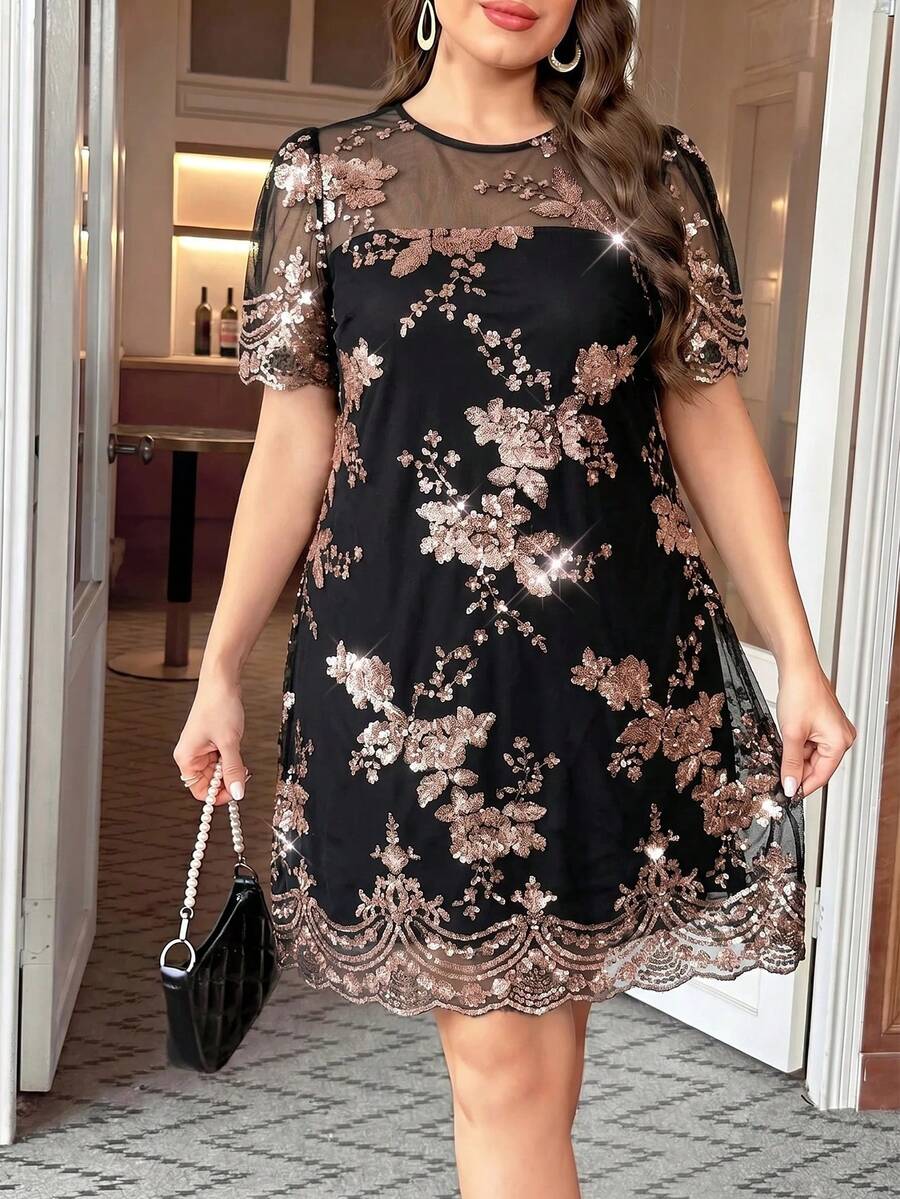 SHEIN Clasi Plus Size Summer Fashion Sequin Embroidered Mesh Dress