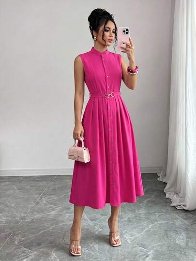 Femmeiva Light Pink Women's Dress, Waist-Cinched A-Line Silhouette, Stand Collar Sleeveless Single-Breasted, Elegant Brunch, Summer, Pleated Button Tea Party