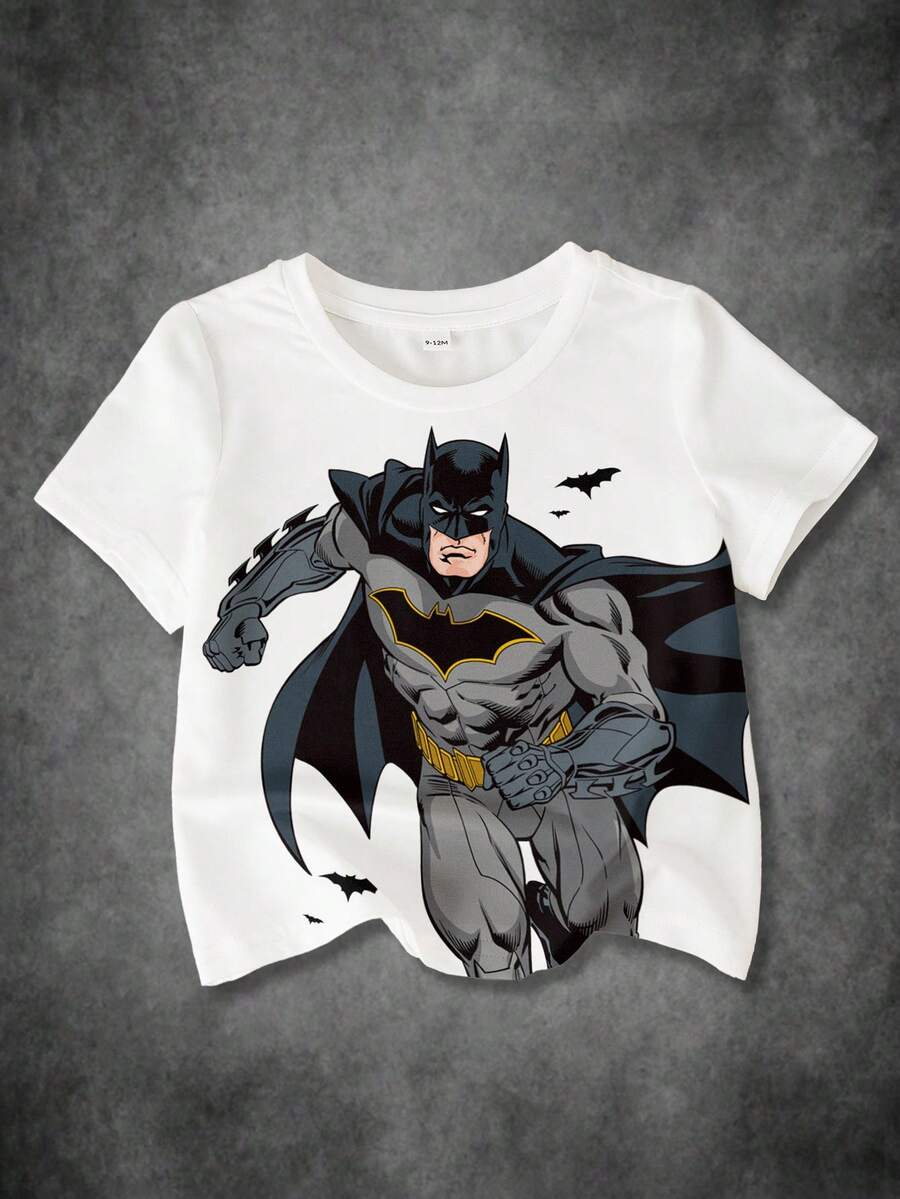 BATMAN X SHEIN 男婴卡通印花休闲百搭日常短袖上衣 - 白色 - 查看 1