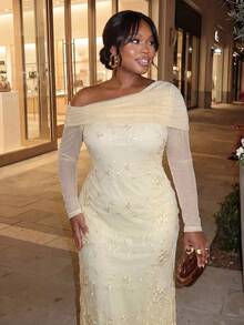 Sassy Hour Plus Size Women's Autumn/Winter Elegant Exquisite Date Cocktail Formal Party Wedding Asymmetric Neck Long Sleeve Embroidered Mesh Cream Mermaid Dress - Apricot - View 1