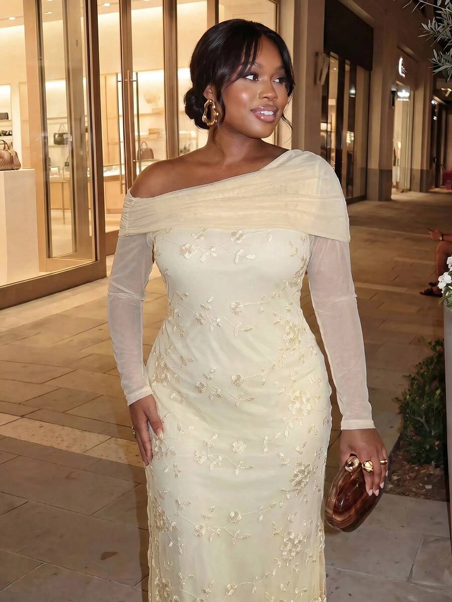 Sassy Hour Plus Size Women's Autumn/Winter Elegant Exquisite Date Cocktail Formal Party Wedding Asymmetric Neck Long Sleeve Embroidered Mesh Cream Mermaid Dress - Apricot - View 1
