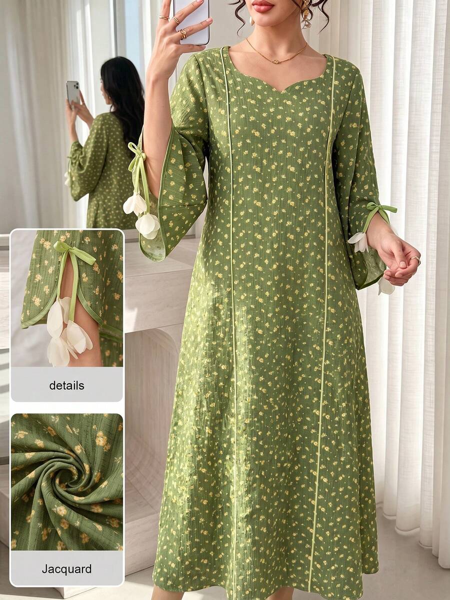 Yasmyna Frisches Ditsy-Blumen-Band-Patchwork, locker, schlankmachend, 3D-Blumen, sanft, jugendlich, elegant, lässig, Damen-Blumenkleid, Morgenausgang, Grün, Winter - Verschiedenfarbig - Übersicht 1
