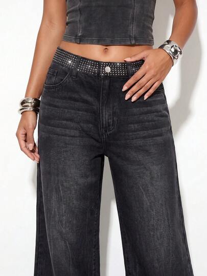 Normani Women's Street Style Studded Button Pocket Jeans
