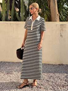 Livesso Ladies' Striped Straight Long Dress Sundress, Casual Women Dress - Black and White - View 3