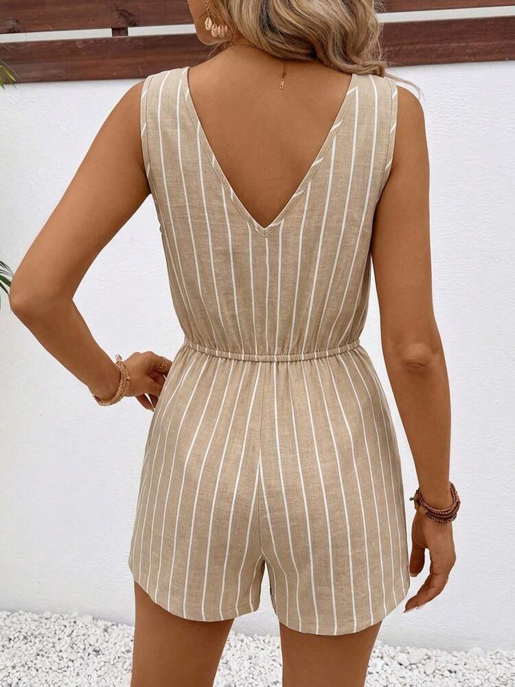SHEIN Frenchy Women's One-Piece Jumpsuit With Tie Knot Shorts, Casual Minimalist Vacation Bohemian Elegant Romantic Vintage Striped Print Retro Pattern, Women's Commute Outfit, Music Festival, Beach Wear, Vacation Outfit, Women's Summer Outfit - Multicolor - View 2