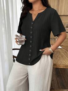Weeklong Blusa holgada de manga corta con volantes y parches florales para mujer talla grande, primavera/verano - Negro - Ver 4