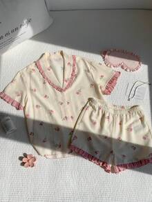 Comfortcana Romantic Pink Rose Print Sweetheart Neck Women Short Sleeve Shorts Pajama Set - Apricot - View 4