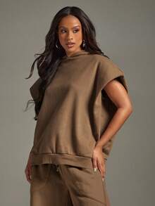 Denimoi Oversized Pad Shoulder Sweatshirt Lounge Wear Airport Cozy, Daily Casual - Brown - View 5