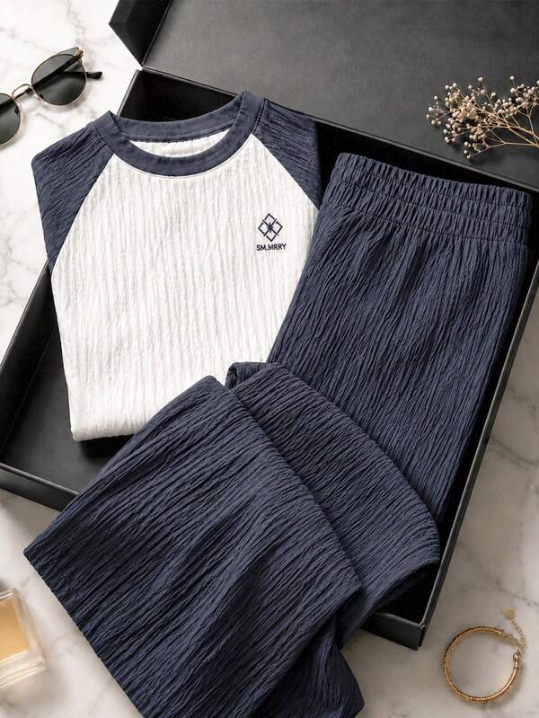 Conjunto casual de 2 piezas para mujer. Camiseta de manga corta, cuello redondo. Pantalón de pierna recta. Ajuste de cintura natural con resorte ligero. Sin bolsillos. Muy cómodo y fresco.