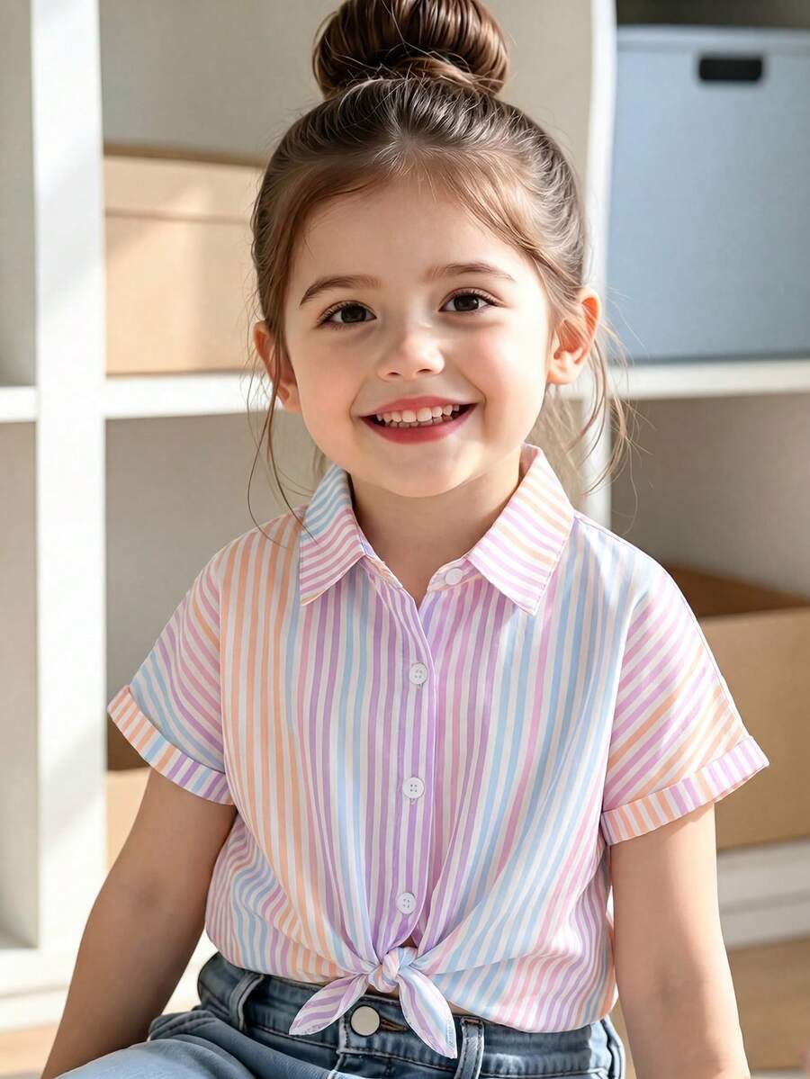 SHEIN Genkimix Kids 年轻女孩度假海滩休闲百搭刺绣镂空白色宽松短袖衬衫,假日,夏季,旅行 - 彩色 - 查看 1