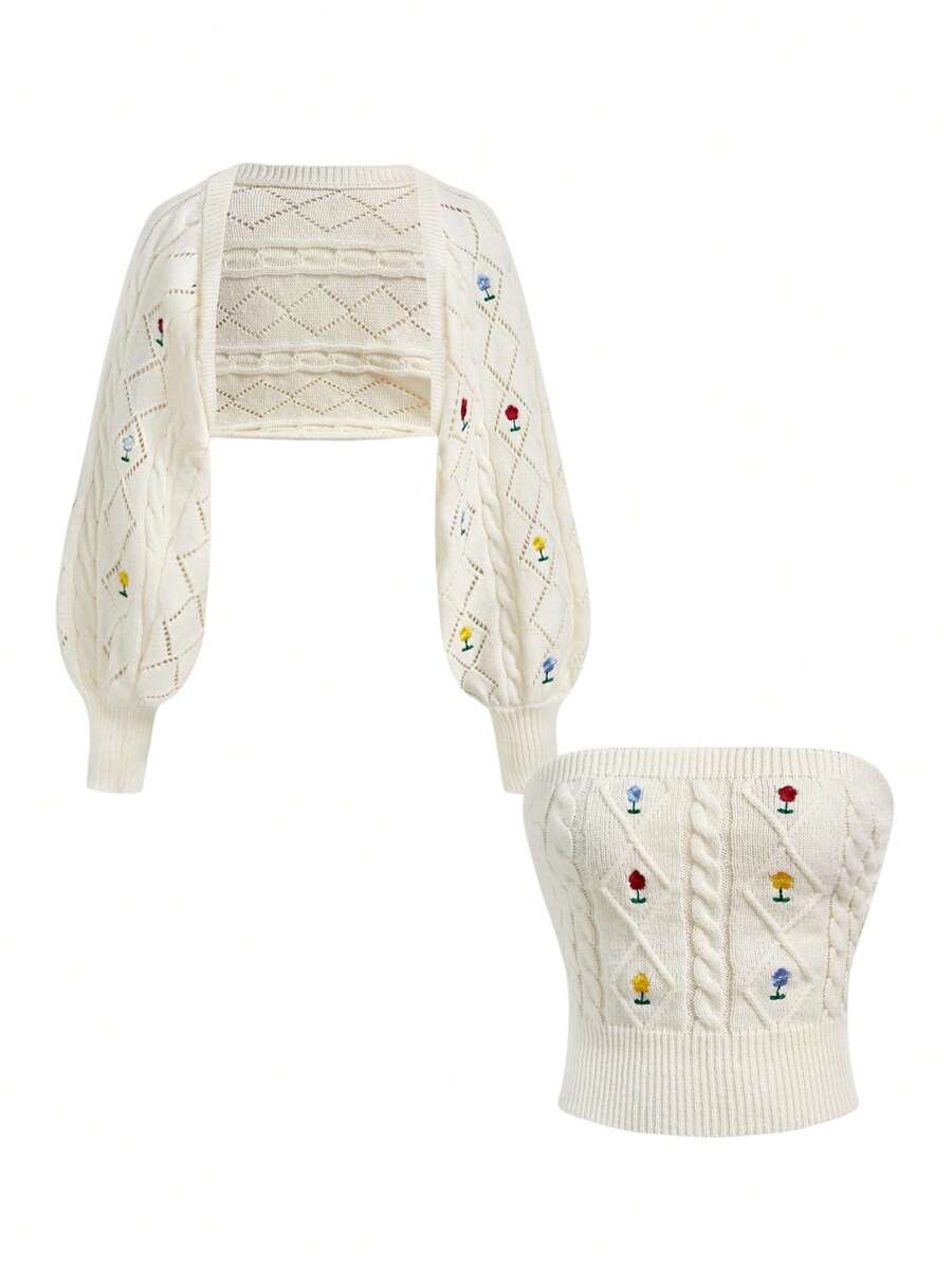 ROMWE Kawaii Set de 2 piezas de suéter de punto suave con decoración de lazo bordado en rosa dulce - Top tubo + Cárdigan corto, Navidad y Año Nuevo - Albaricoque - Ver 1