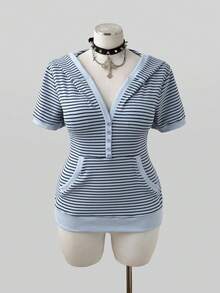 Sunspun Plus Size Women's Striped Short Sleeve Button Design Hooded Sweatshirt - Multicolor - View 3