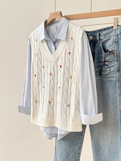 Feyla White V-Neck Cable Knit Vest Women Colorful Ditsy Floral Embroidery Sleeveless Loose Gentle Style Sweater Vest