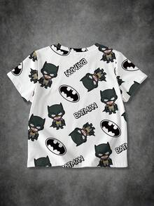BATMAN X SHEIN 男童休闲蝙蝠与卡通图案圆领短袖T恤，夏季 - 白色 - 查看 2