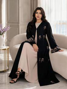 Al Najma Plus Size Women's Floral Embroidered Cuff Loose Fit Abaya Wedding Summer Modest Asian Chinese - Black - View 6