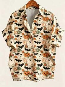 EMERY ROSE Plus Size Halloween Bat & Pumpkin Print Shirt - Multicolor - View 3