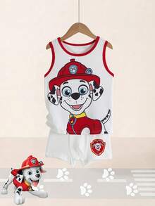 SHEIN | PAW Patrol Young Boy Cartoon Print Colorblock Crew Neck Tank Top And Shorts Loungewear Set - Red and White - View 3
