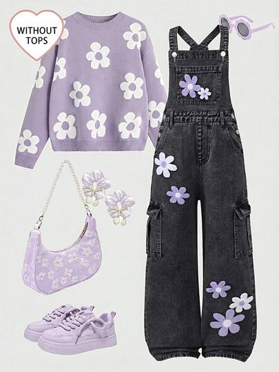 SHEIN ChillGRL Girls' Denim Overalls And Straight Leg Pants, Colorful Towel Embroidery Floral, Black Washed, Adjustable Shoulder Strap Denim Straight Leg Pants Y2K, Preppy Style, Streetwear, Casual, Cute, Denim Overalls All-Season Wear, Fashionable And Stylish, Daily Outings, School, Commuting, Gatherings, Home, Back To School Season