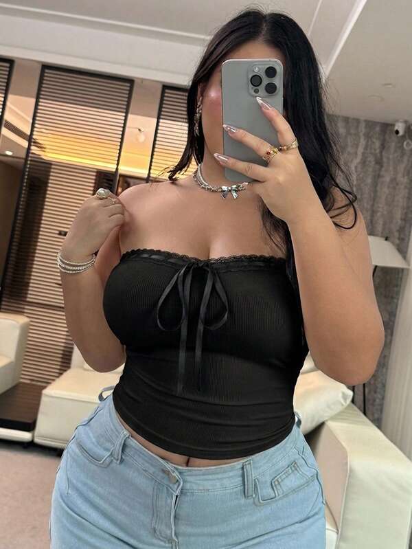 REIGN AVE Top tubo corto ajustado elástico con decoración de cordón, estilo sexy talla grande, camisola y top de tirantes blanco para primavera/verano