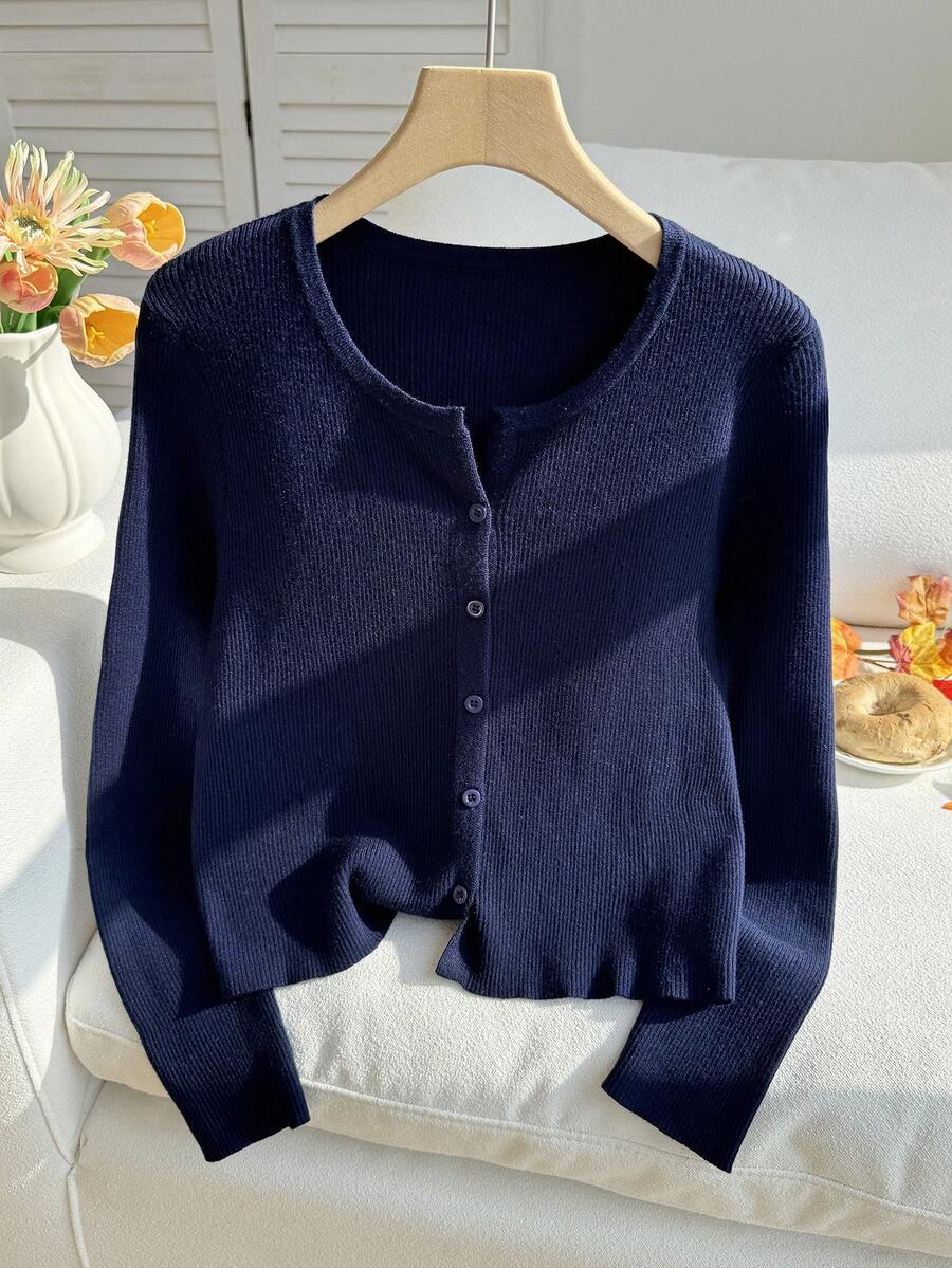 SHEIN Teen Girls Royal Blue Short Ribbed Knit Cardigan, Warm Skin-Friendly Autumn/Winter Versatile Fashion Back-To-School - Black and White - View 1