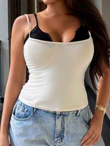 Dazy Plus Contrast Color Patchwork 2 In 1 Fitted Cropped Top, Minimalist Sexy Style, Plus Size Women's Spring/Summer Camisole Top - Apricot - View 6