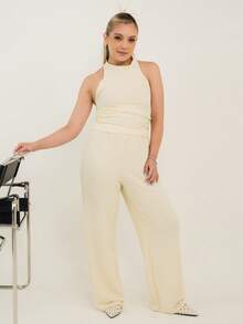Ximena Robles Ximena Robles Women's Casual Knit Halter Neck Top And Pants Set, Light Yellow, Summer Elegant - Light Yellow - View 5