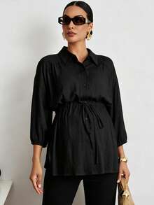 MaterniWear Atasan Hamil Wanita Kasual Longgar dengan Kerah Lipat dan Tali Serut, Model Tenun Warna Polos yang Modis untuk Aktivitas Luar Ruangan - Hitam - View 3