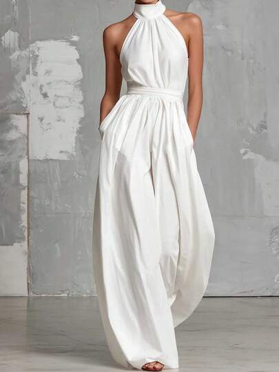 SHEIN Fiorisel Women's Pure White Minimalist Elegant Halter Neck Jumpsuit, Waist-Cinching Wide Leg Jumpsuit, Soft Skin-Friendly Fabric, Elegant Jumpsuit, Vacation Jumpsuit, Commute Jumpsuit, Suitable For Spring/Summer Light Luxury Afternoon Tea, Beach Vacation, Light Business Cocktail Party, Also Can Be Worn For Date Or Niche Party, Neither Too Formal Nor Too Casual, Highlights Elegance
