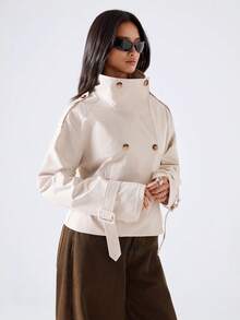 LYSMO Impermeabile da donna colore unito con colletto alto, alla moda, versatile per uso quotidiano e viaggi - Cachi - Visualizzare 5